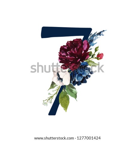 Floral Numbers - navy digit 7 with flowers bouquet composition. Unique collection for wedding invites decoration and many other concept ideas.