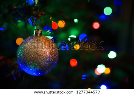 Ball on decorated Chrismas Tree, New year.