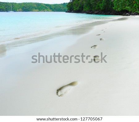 trail barefoot feet in the sand on a beautiful beach