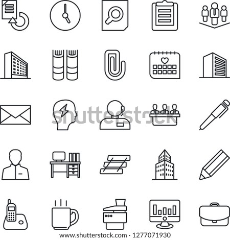Thin Line Icon Set - mail vector, office building, book, document search, desk, brainstorm, statistic monitor, reload, medical calendar, clipboard, radio phone, user, clock, coffee, paper clip, tray