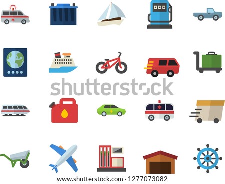 Color flat icon set wheelbarrow flat vector, pickup truck, gas station, refueling, accumulator, canister, electric cars, warehouse, trucking, express delivery, ambulance, bicycle, train fector
