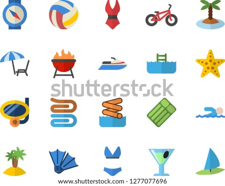 Color flat icon set towel flat vector, barbecue, cocktail, volleyball, bicycle, swimsuit, swimming, chaise lounge fector, island, mask, flippers, starfish, aquapark, pool, water scooter, compass