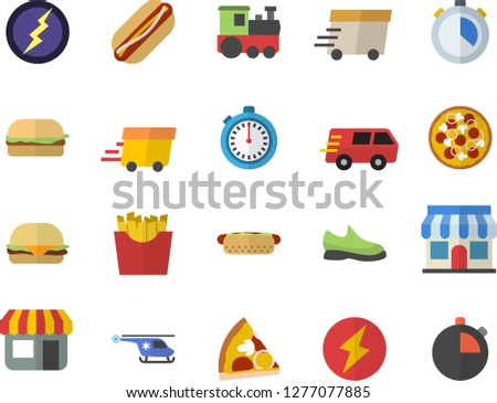Color flat icon set hamburger flat vector, hot dog, pizza, French fries, store front, trucking, express delivery, helicopter, lightning, sneakers, stopwatch, train fector