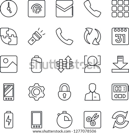 Thin Line Icon Set - mobile vector, call, menu, update, gallery, settings, user, clock, stopwatch, mail, calendar, data exchange, download, torch, cut, lock, face id, fingerprint, battery, charge