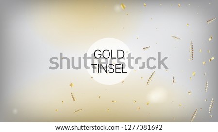 Modern Tinsel Confetti Isolated, Golden Celebration Foil. Cool Premium Christmas, New Year, Birthday Party Holiday Border. Horizontal Stars Shapes Background. Golden Tinsel Confetti Isolated