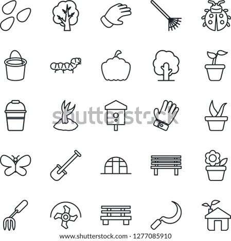 Thin Line Icon Set - flower in pot vector, garden fork, shovel, ripper, rake, seedling, tree, bucket, sproute, glove, butterfly, lady bug, sickle, bench, pumpkin, greenhouse, seeds, caterpillar, eco