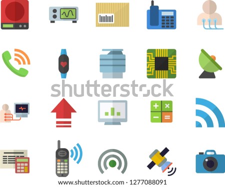 Color flat icon set calculator flat vector, weighing machine, satellite antenna, motherboard, phone call, barcode, diagnostics, computer chart, telephone, copy, satellit, oscilloscope, broadcast