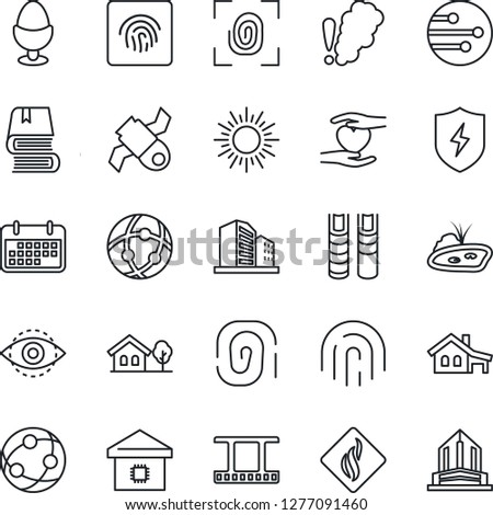 Thin Line Icon Set - sun vector, heart hand, satellite, term, film frame, network, protect, eye id, fingerprint, book, house with garage, tree, pond, smart home, egg stand, smoke detector