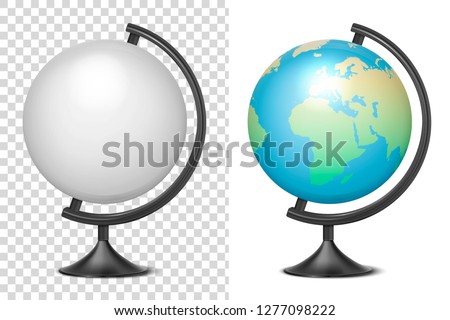 Vector Realistic 3d Globe of Planet Earth with Map of World and Blank Globe Icon Closeup Isolated. Design Template, mockup of School Globe on Table, Model of Earth for Graphics, Clipart. Front view