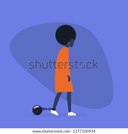 Young exhausted character wearing the shackles. Domestic violence. Obligation. Debt. Concept/ flat editable vector illustration, clip art