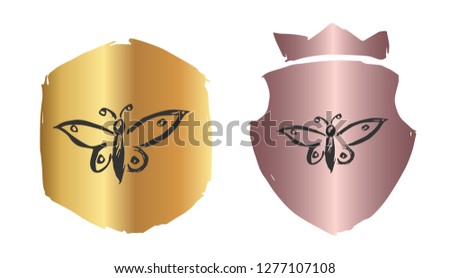 Vector Illustration of Butterfly with Rose Gold and Gold Banner or Background. Graphic Design for Logo and T-shirt. 