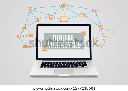Creative design digital maketing technology concept with laptop computer and communication icons