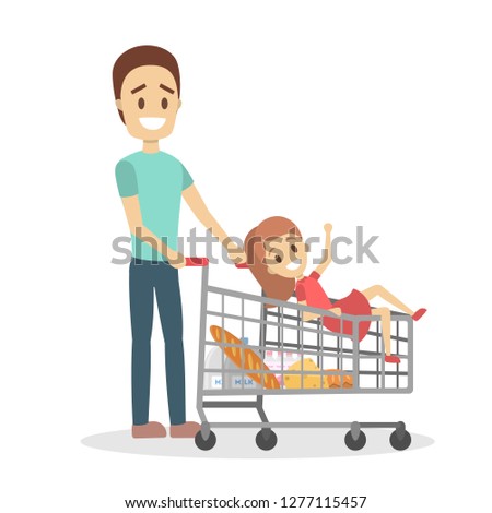 Father and daughter going with shopping cart with food inside. Walking home from supermarket. Idea of shopping. Flat vector illustration.