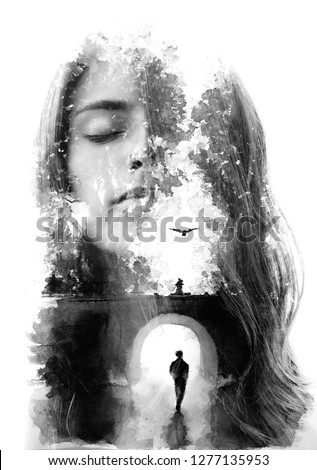 Paintography. Portrait combined with hand drawn ink Royalty-Free Stock Photo #1277135953
