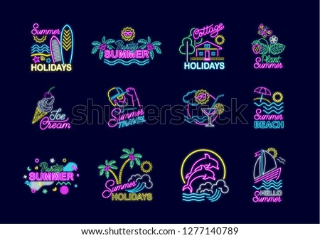 Set of summer neon signs with bright illumination. Summer holidays signboard, logo, neon emblem, night bright advertising. Travel, rest on sea, nature, parties, sweets, beach. Vector illustration