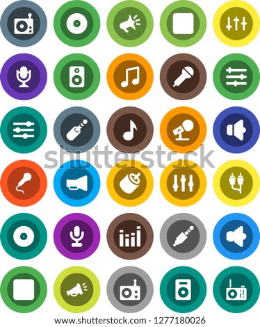 White Solid Icon Set- music vector, disk, microphone, radio, speaker, loudspeaker, settings, equalizer, forward button, backward, rca, jack
