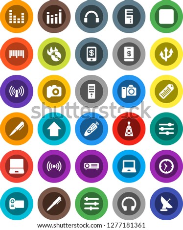 White Solid Icon Set- pen vector, notebook pc, arrow up, clock, barcode, music hit, camera, antenna, equalizer, remote control, headphones, forward button, route, wireless, tap pay, video, computer