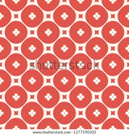 Simple geometric floral pattern. Vector seamless texture with small flowers, circles, squares, crosses. Abstract minimalist background in terracotta red and beige color. Repeatable decorative design