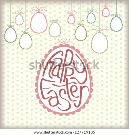 Easter card or banner with hanging eggs on heart pattern background
