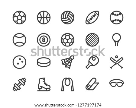 Sports Equipment Line Icon. Vector Illustration Flat style. Included Icons as Sport Balls, Basketball, Handball, Football, Badminton, Dumbbell and more. Editable Stroke. 30x30 Pixel Perfect