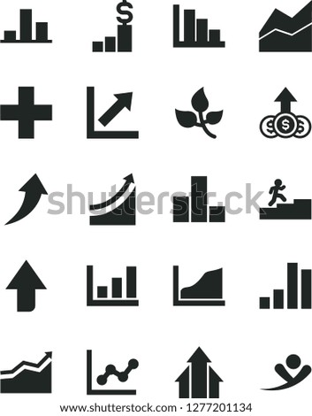Solid Black Vector Icon Set - upward direction vector, plus, bar chart, line, graph, growth, positive histogram, leaves, carrer stairway, arrow, arrows, up, dollar pedestal, flying man