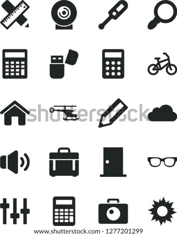 Solid Black Vector Icon Set - calculator vector, electronic thermometer e, house, ntrance door, writing accessories, camera, case, volume, lens, pencil, usb flash, magnifier, cloud, glasses, bike