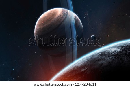 Ringed gas giant planet somewhere in deep space. Awesome science fiction render. Elements of this image furnished by NASA