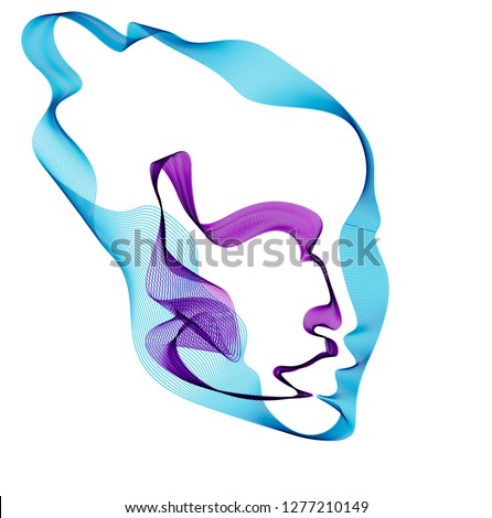 Beautiful vector human face portrait, artistic illustration of man head made of dotted particles array, Artificial Intelligence, pc programming software interface, digital soul.