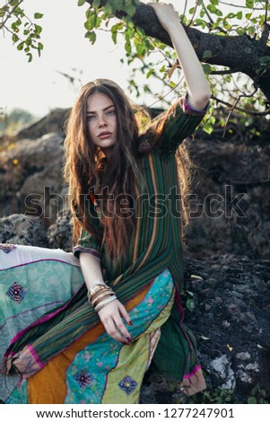 Pretty hippie girl portrait on nature. natural beauty