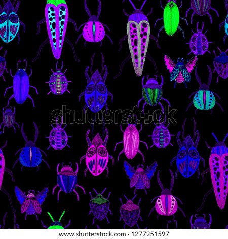 Creative seamless pattern with colorful hand drawn beetles. 