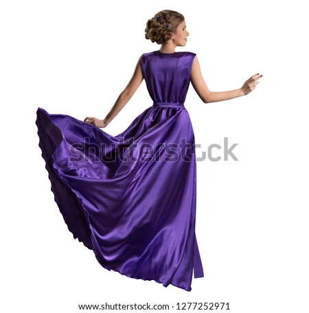 Woman Purple Dress, Fashion Model in Long Fluttering Gown, Back Rear view, Isolated over White Background