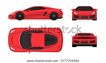 Sports car set in flat design style. Front, back, side and top view of the supercar isolated on white background Royalty-Free Stock Photo #1277256466