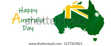 Map of Australia with Australian flag in unofficial green and gold colours, sized to fit a popular social media cover image placeholder, with Happy Australia greeting text.