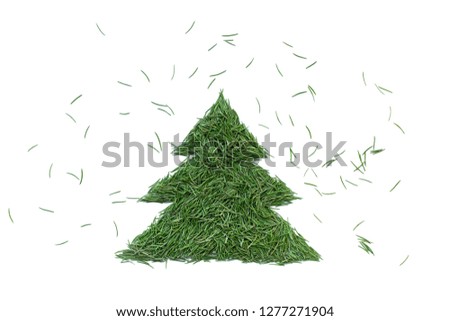Fir tree snowing Christmas winter symbol. Stylization shape made manually of spruce needles isolated on white. Minimal style. Hand drawing sketch from natural materials