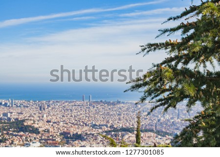 Panoramic picture of Barcelona, beautiful bright sky and the mediterranean sea