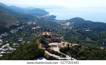 Aerial drone photo of iconic castle of Ali Pasha overlooking bay and village of Parga, Epirus, Ionian, Greece