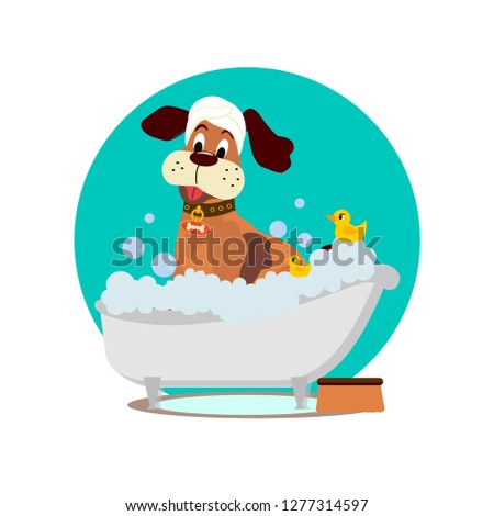 Dog grooming. Cute dog taking a bath. Vector cartoon style illustration