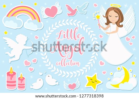 Little angel girl character set of objects. Collection of design element with angels, cupid, clouds, hearts, doves of peace. Kids baby clip art Valentine's Day kit. Vector illustration