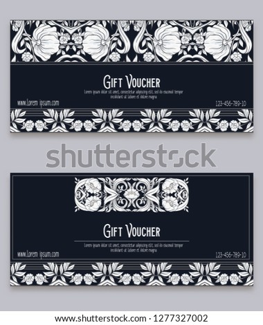 Floral pattern in art nouveau style, vintage, old, retro style. Gift voucher. Colored vector illustration. Black-and-white graphics. 