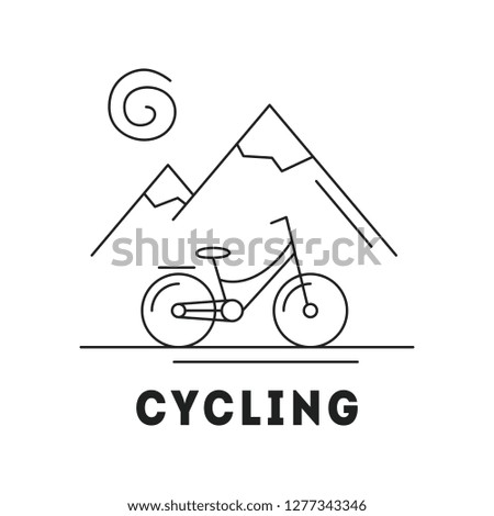 Line icon with summer holiday activity concept. Landscapes with mountains, sun and bicycle. Mountain biking, cycling. Outdoor sports. Active lifestyle. Vector monochrome illustration isolated on white
