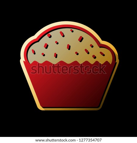 Cupcake sign. Vector. Red icon with small black and limitless shadows at golden sticker on black background.