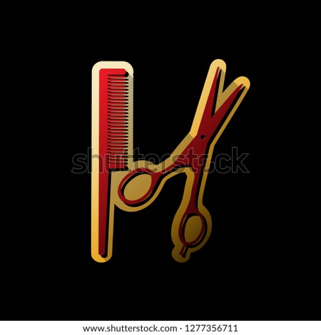 Barber shop sign. Vector. Red icon with small black and limitless shadows at golden sticker on black background.