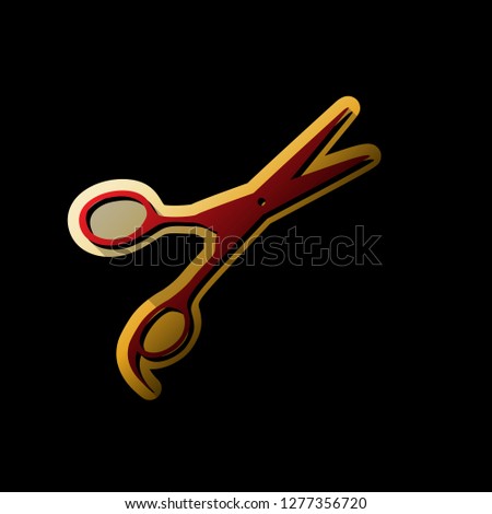 Hair cutting scissors sign. Vector. Red icon with small black and limitless shadows at golden sticker on black background.