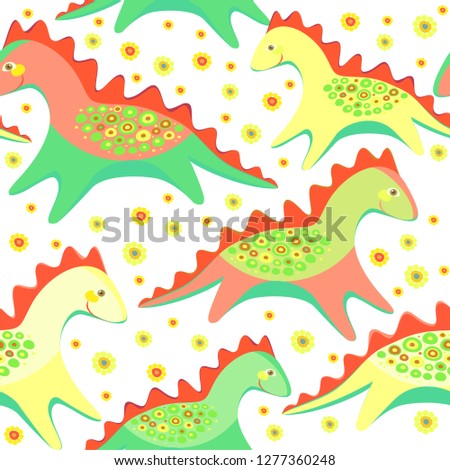 Seamless vector pattern with dinosaurs and flowers