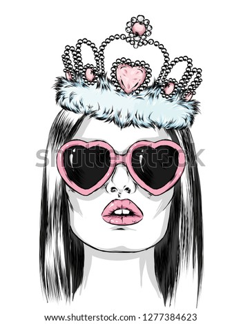 Beautiful girl with glasses in the shape of a heart and with a crown. Vector illustration for otkirtki or poster. Fashion & Style.