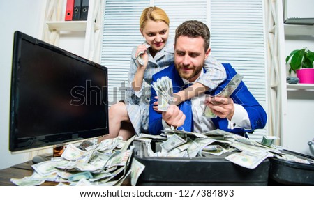 Huge profit concept. Financial success. Counting money profit. Man businessman and woman secretary with pile dollar banknotes. Profit and richness concept. Businessman near cash dollars profit.