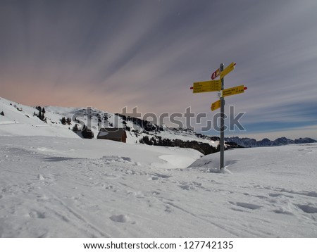 Guidepost in a winter mountain landscape at full moon