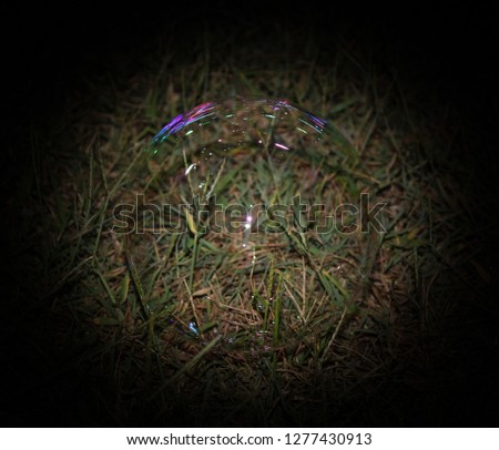 A close-up, digitally manipulated photograph of a soap bubble that had landed on the lawn with an added dark vignette border. This photo was taken in Brisbane, Australia. 