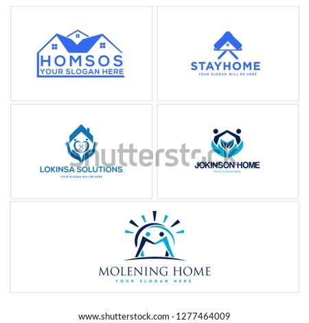 blue navy leaf roof window hand people swash sun badge logo design template suitable for building dream house 