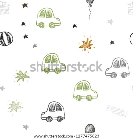Dark Green vector seamless background in xmas style. Illustration with a gradient toy car, baloon, candy, star, ball. Pattern for birthday gifts.